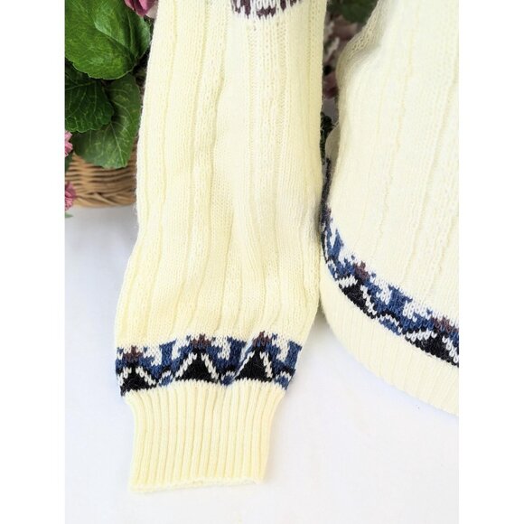 Vintage 1980s Women's Nordic Fair Isle Sweater Blue Ecru Reindeer Warm Winter - Picture 3 of 10